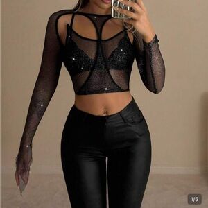 SHEIN Black Glitter Mesh Crop Top